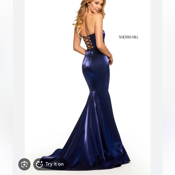 Sherri Hill 52961 Midnight Satin Dress - Picture 2 of 4